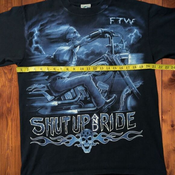 Y2K Liquid Blue FTW Shut Up And Ride Skull Rider Motorcycle Biker Grunge… - Picture 5 of 5